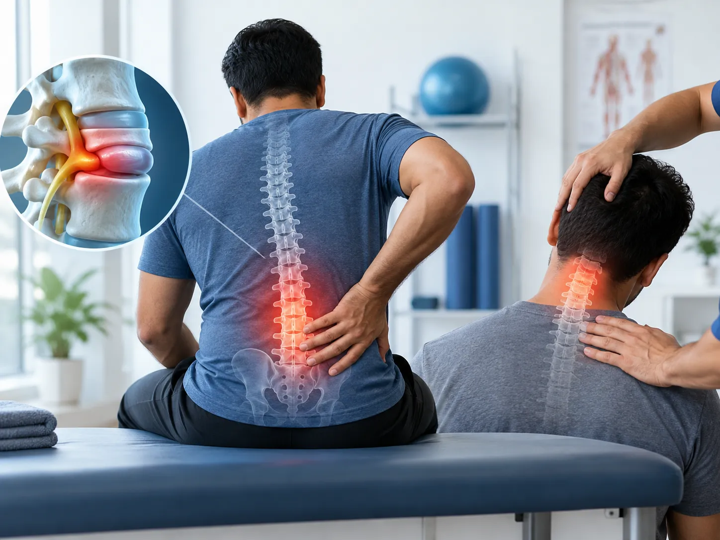 Two men demonstrating back pain, highlighting exercises to avoid for herniated disc relief.