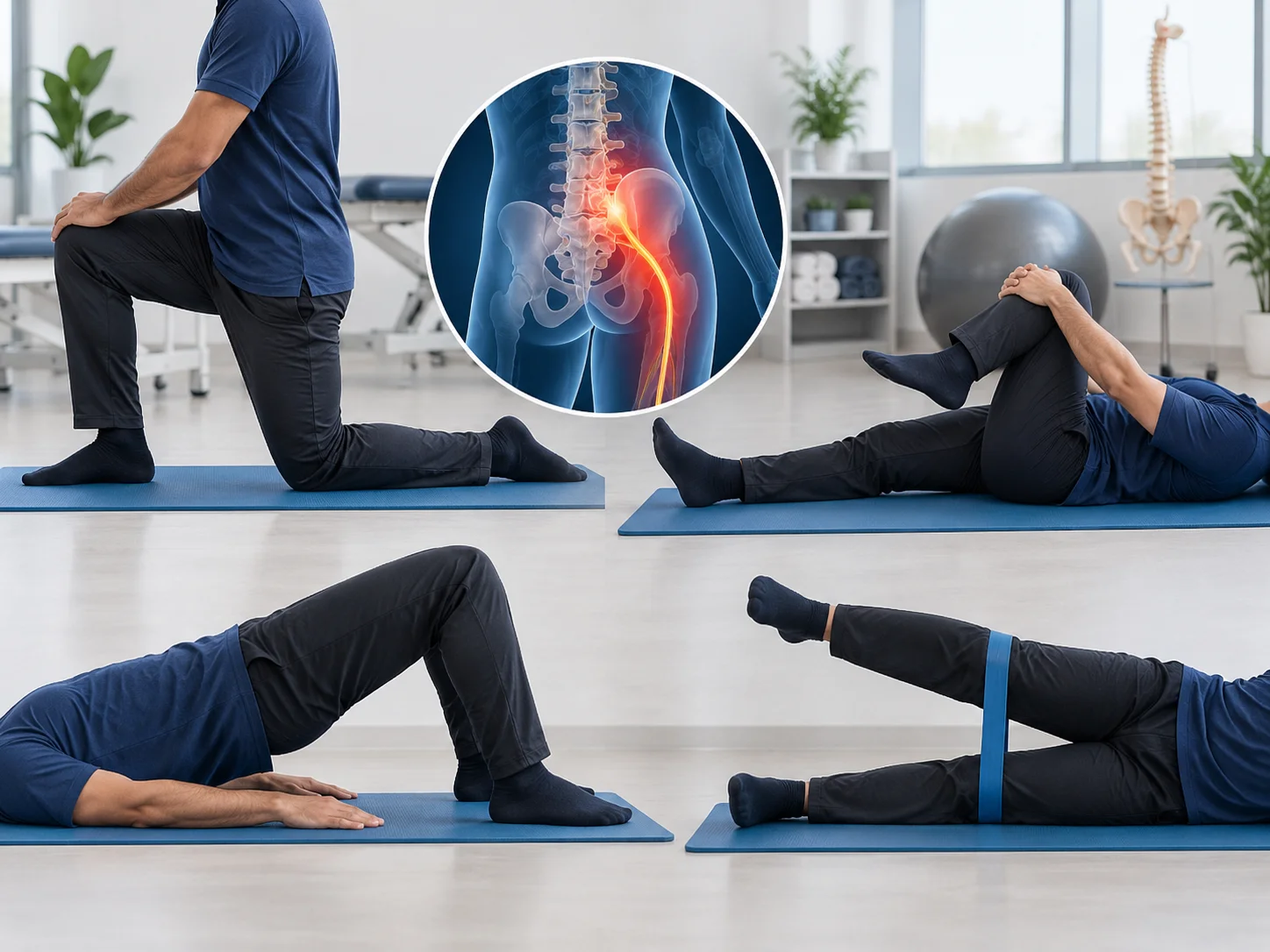 A person demonstrates four different sciatica physiotherapy exercises on a mat, with an illustration of hip and lower back pain highlighted in the center.