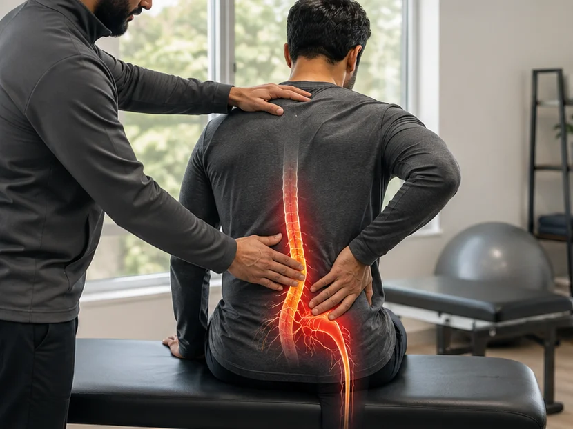 A person sits on an exam table holding their lower back in pain, with a healthcare professional examining them and a graphic of a highlighted spine indicating discomfort—an illustration commonly seen in sciatica physiotherapy consultations.